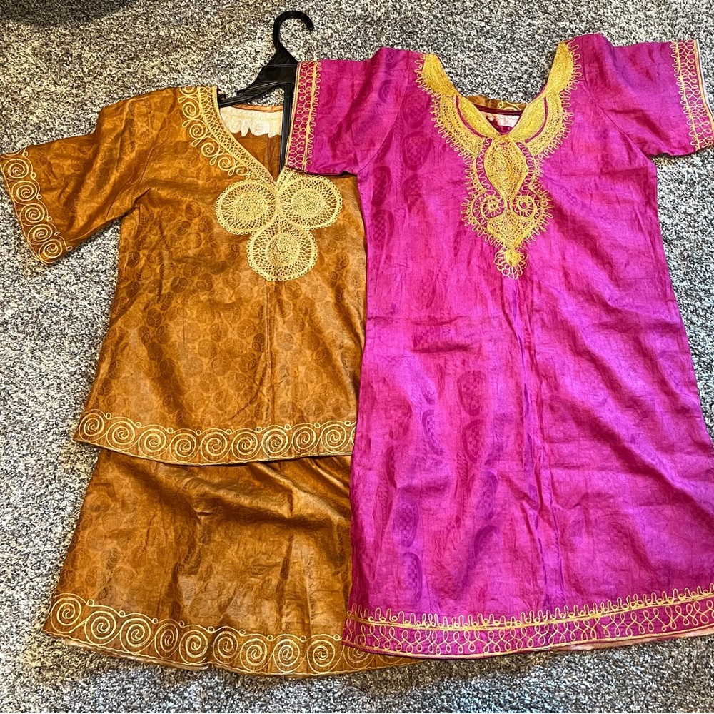 Girls Ethnic Print Dress and Skirt Set Handmade Gold Metallic Embroidery Sz 5-7